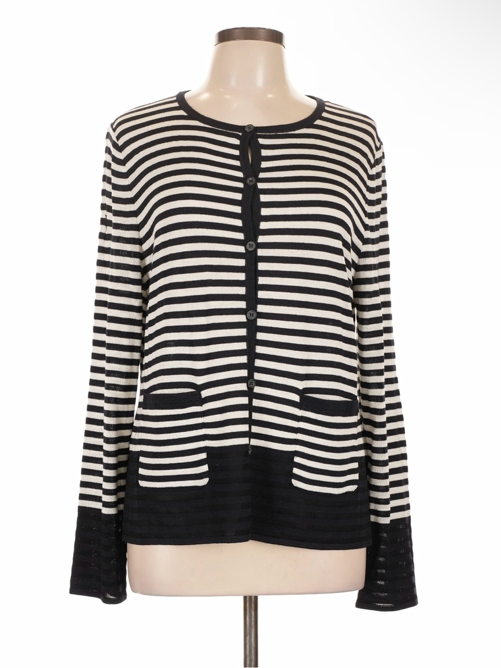 St John Sport L Black Ivory Striped Knit Cardigan Sweater Pocket Nautical Office